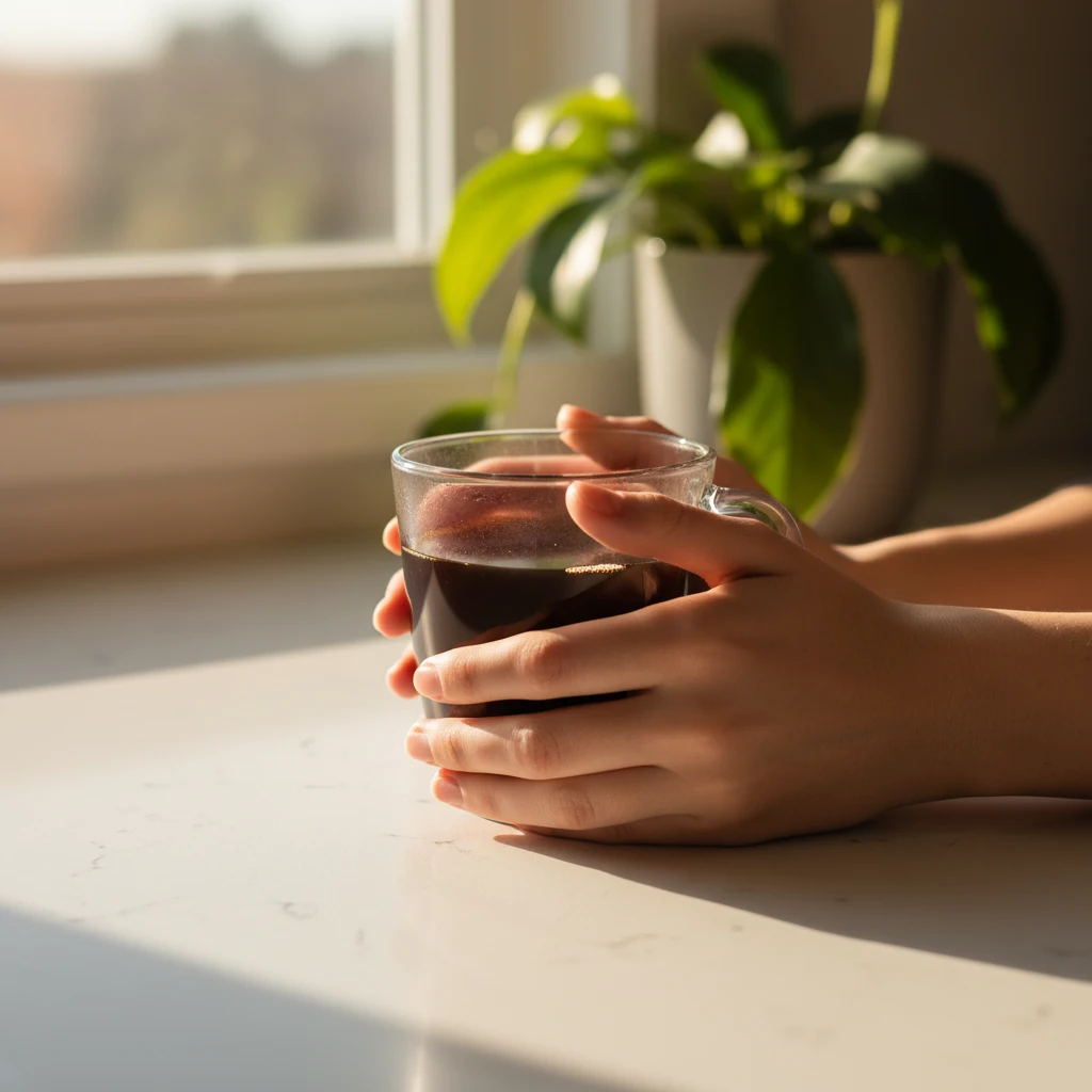 Hände halten eine Tasse Kaffee am Morgen - Wellaray Coffee Tagesroutine